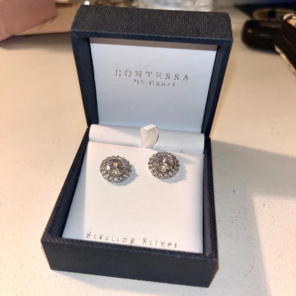 Contessa Di Capri Sterling Silver Cubic Zirconia 6mm Frame Halo Stud Earrings